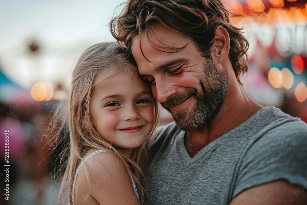 Happy father and young daughter embracing at a fair joyful family moment Happy father and young daughter embracing at a fair joyful family moment