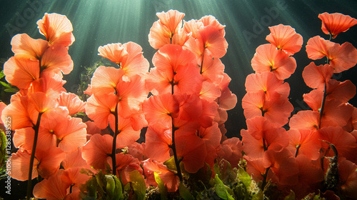 A dense cluster of red seaweed sways gracefully underwater, creating a mesmerizing pattern. The vibrant dulse symbolizes vitality, resilience, and the hidden beauty of marine ecosystems photo