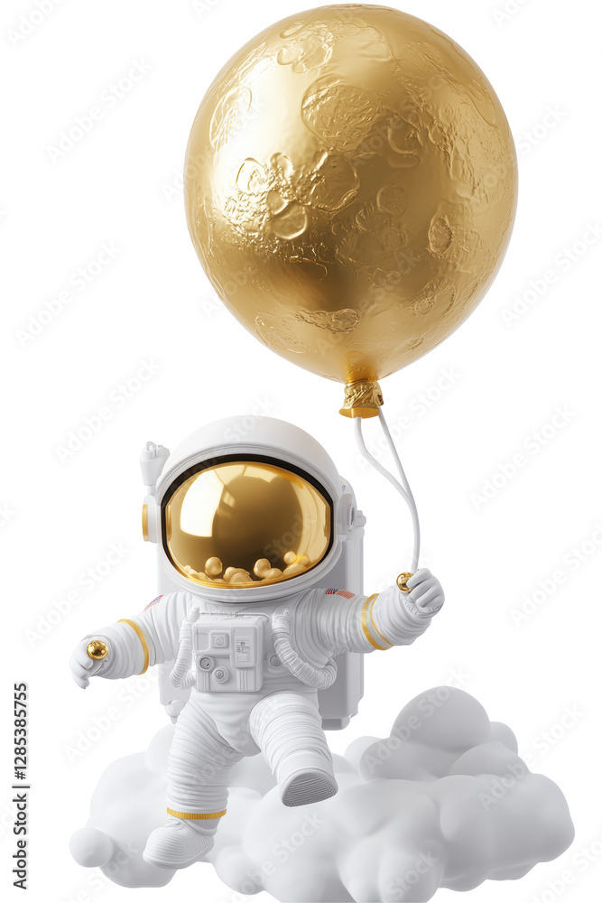 Naklejka premium Isolated Mini Astronaut Holding Metallic Balloon Adrift on Vapor