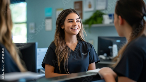 Smiling young female healthcare professional helps patients at modern clinic reception desk team