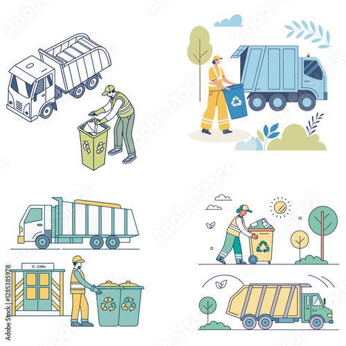
Trash utility, disposal, and recycling concept set Vector illustration—waste collector worker, recycling trash bin, and garbage truck collection.