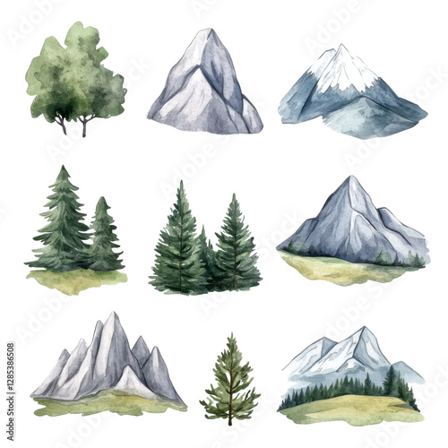 Collection of watercolor mountain and tree illustrations on a white isolate background, perfect for graphic designs or nature-themed projects.