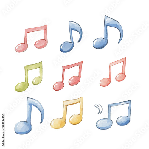 Colorful musical notes in a variety of designs arranged in a pleasing pattern, perfect for backgrounds or music-themed projects.
