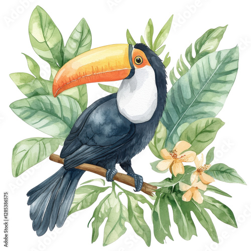 Colorful toucan perched on a branch surrounded by lush tropical leaves and delicate flowers, nature illustration.