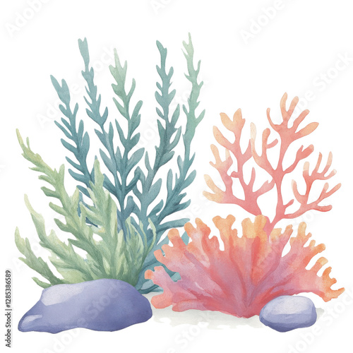 Colorful underwater corals and seaweeds illustration with vibrant colors and smooth textures, set against a white isolate background.