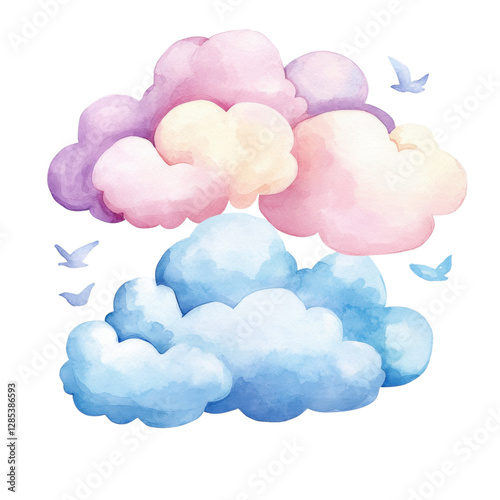 Colorful watercolor clouds surrounded by small birds, creating a serene and dreamy atmosphere.