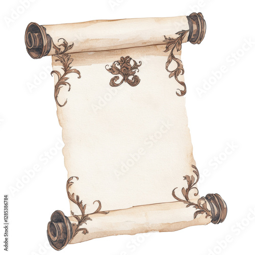 Vintage scroll with decorative elements, perfect for design projects, invitations, or historical themes, on a transparent background.