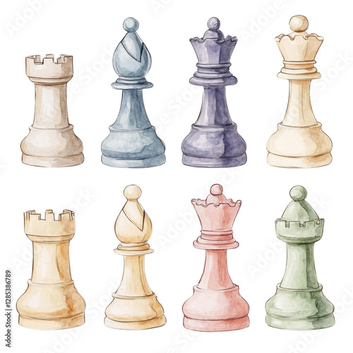 Watercolor illustration of various chess pieces in different colors on a white background, perfect for game-themed designs or educational materials.