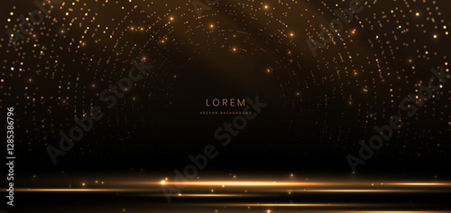 Elegant stage golden glowing with lighting effect sparkle on black background. Template premium award design.