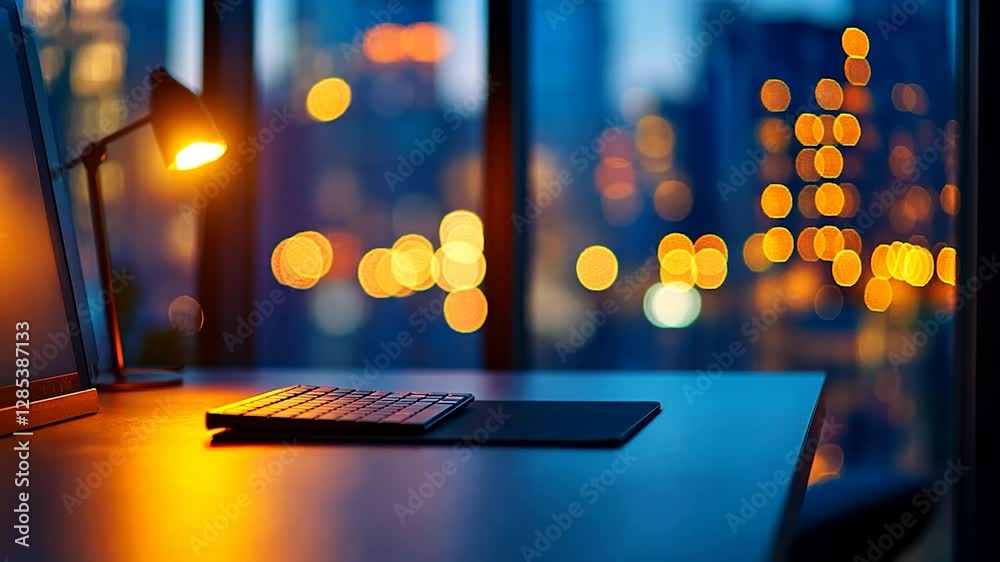 Modern workspace desk at night with city lights out of focus Modern workspace desk at night with city lights out of focus