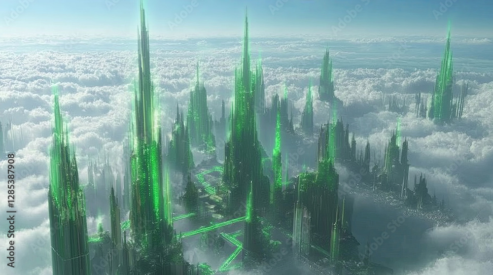 Majestic Floating City Above the Clouds – Emerald Towers, Crystal Waterfalls, and Airships Gliding Under Twin Moons