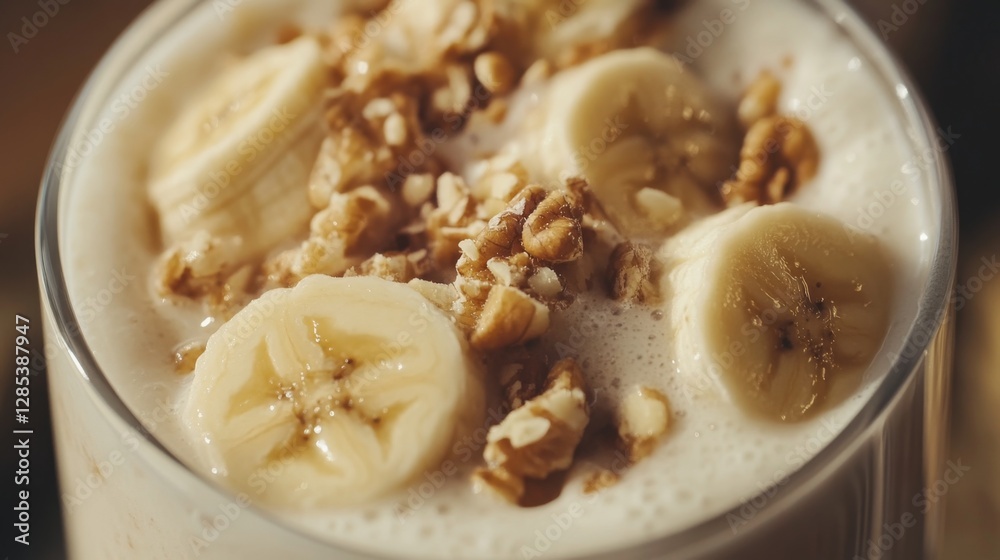 Nutritious Protein-Packed Smoothie with Bananas and Nuts Close-Up Nutritious Protein-Packed Smoothie with Bananas and Nuts Close-Up