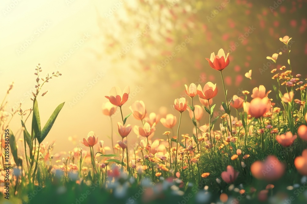 Obraz premium Morning light dancing on a vibrant field of flowers with delicate blooms and lush greenery, field of flowers in the morning light