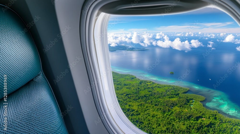 Obraz premium Aerial view from airplane window, showcasing tropical island coastline with lush green vegetation, turquoise ocean, and fluffy white clouds under a