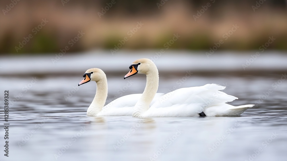 Graceful Swans Swimming Together on a Calm Serene Lake Reflecting Tranquility : Generative AI Graceful Swans Swimming Together on a Calm Serene Lake Reflecting Tranquility : Generative AI