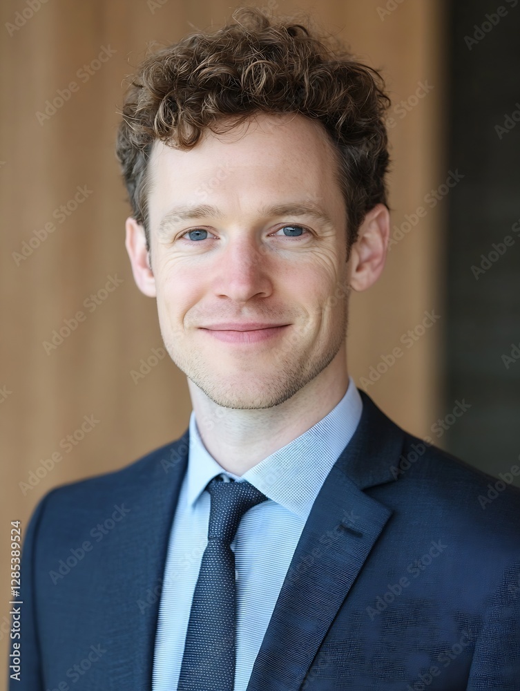 Confident young man in formal suit smiling against wooden background in modern office setting : Generative AI Confident young man in formal suit smiling against wooden background in modern office setting : Generative AI