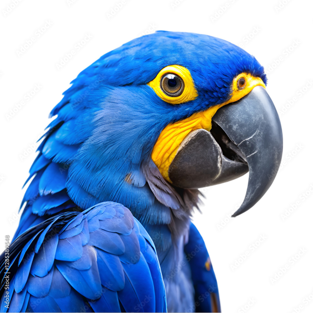 Fototapeta premium Blue and yellow hyacinth macaw parrot isolated on transparent background