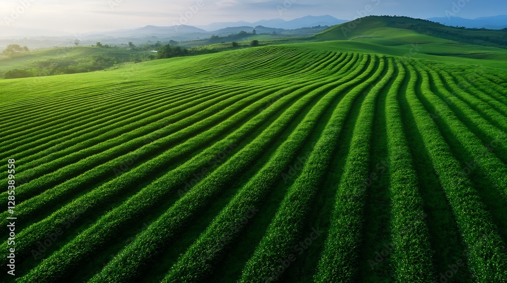 Vibrant Lush Green Tea Plantations on Rolling Hills with Beautiful Sunlight : Generative AI Vibrant Lush Green Tea Plantations on Rolling Hills with Beautiful Sunlight : Generative AI
