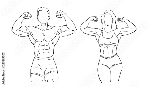 sporty fitness man and woman showing biceps muscles line drawing vector illustration