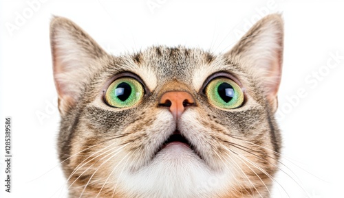 Close up of a tabby cat with wide, surprised green eyes, looking upward against a white background