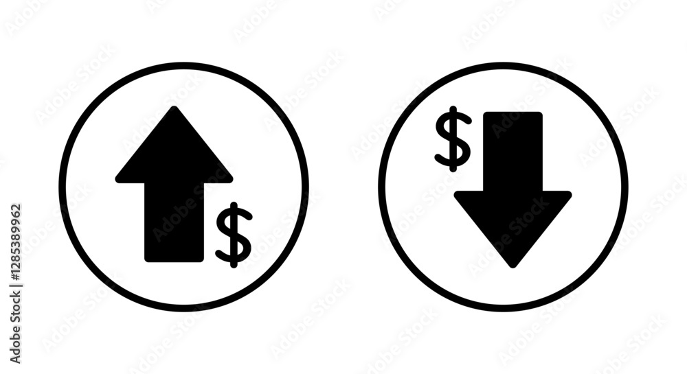 Up and down dollar icon on circle line. Increase and decrease USD currency sign symbol Up and down dollar icon on circle line. Increase and decrease USD currency sign symbol