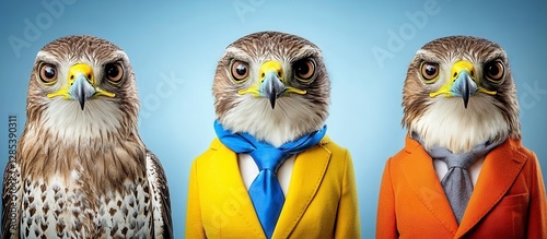 Three falcons in suits, one yellow, one orange, one without a jacket, against a light blue background. Humorous image of birds in formal wear