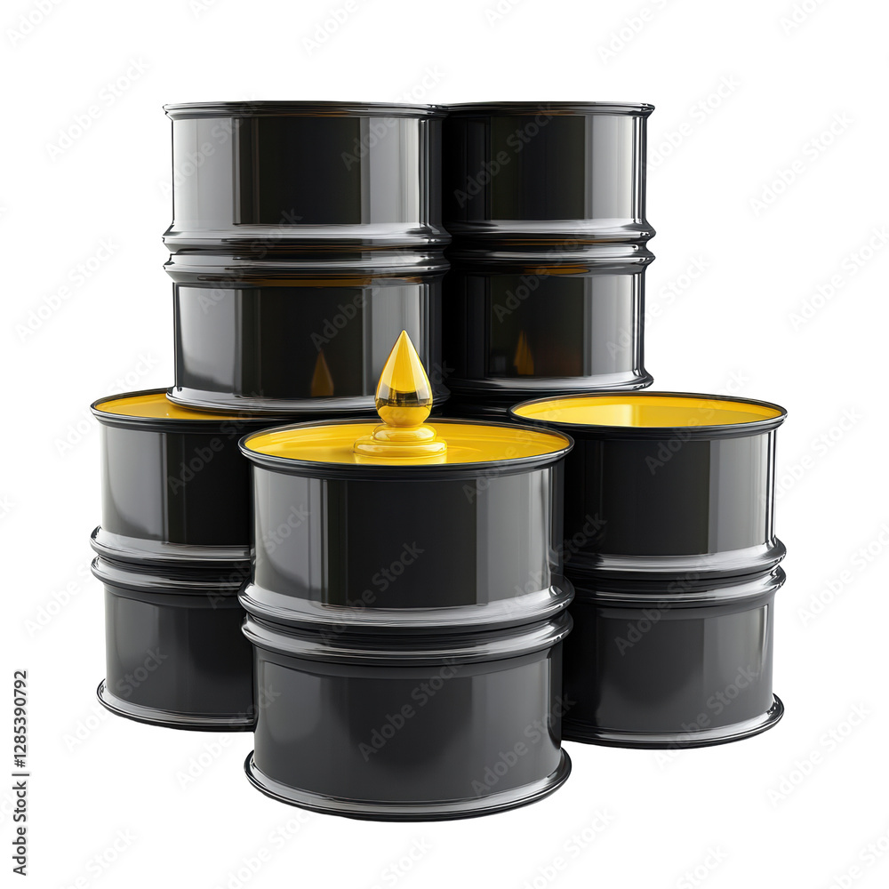 Isolated Stack of Black Oil Barrels with Yellow Fill Isolated Stack of Black Oil Barrels with Yellow Fill