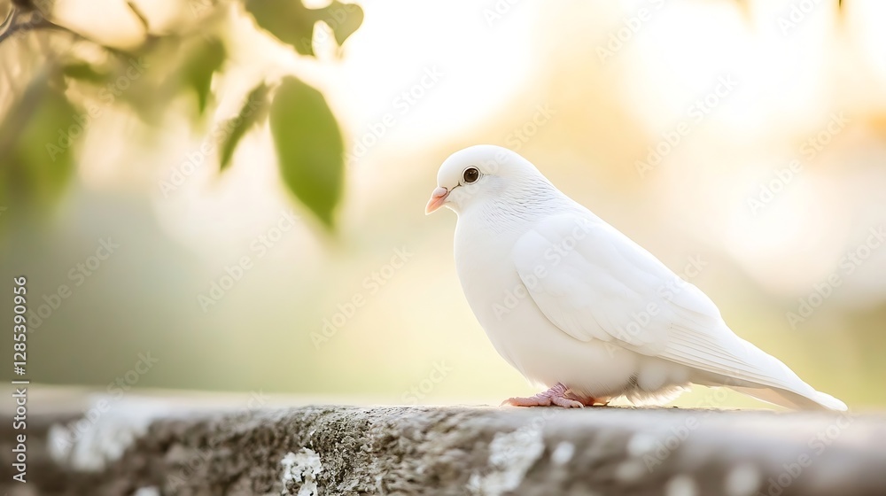 Elegant white dove perched on stone with soft bokeh background illuminated by sunlight : Generative AI Elegant white dove perched on stone with soft bokeh background illuminated by sunlight : Generative AI