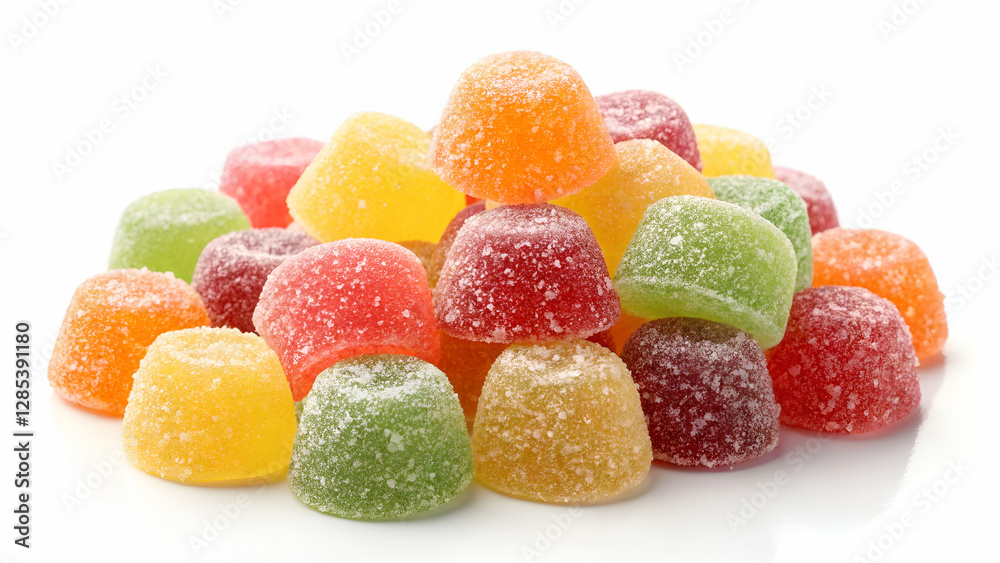 A vibrant assortment of jelly sweet sugar candies coated in crystal sugar, isolated on a clean white background A vibrant assortment of jelly sweet sugar candies coated in crystal sugar, isolated on a clean white background