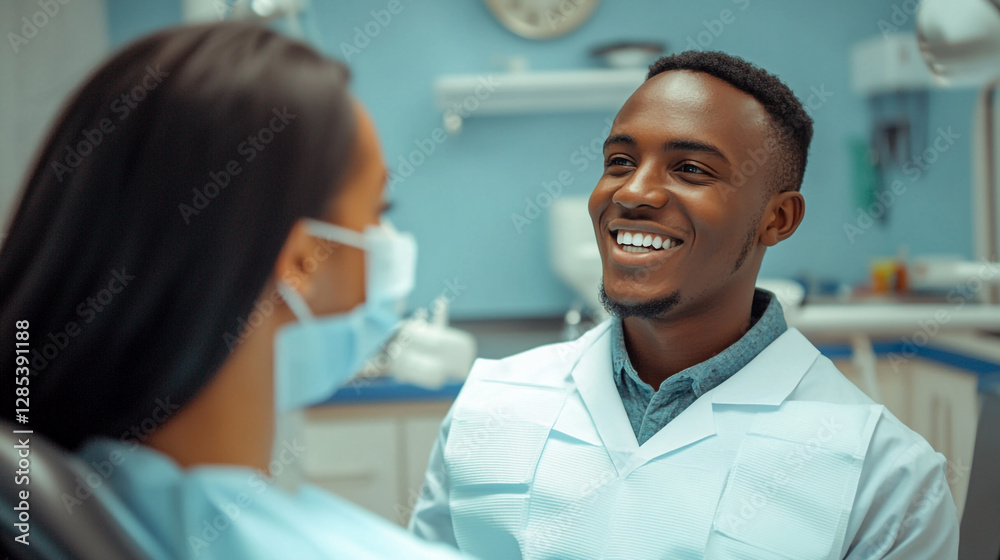 Friendly dentist smiling at patient in modern dental office care smile happy teeth clean white trust Friendly dentist smiling at patient in modern dental office care smile happy teeth clean white trust