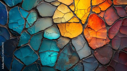  Close-up of an abstract cracked stone mosaic pattern with various colors and textures representing resilience transformation and the beauty of imperfection in a unique and artistic modern design