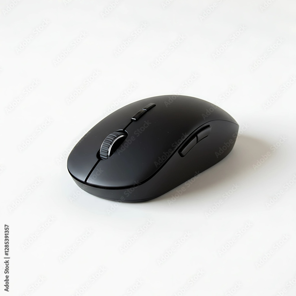 A black wireless computer mouse on a white background view A black wireless computer mouse on a white background view