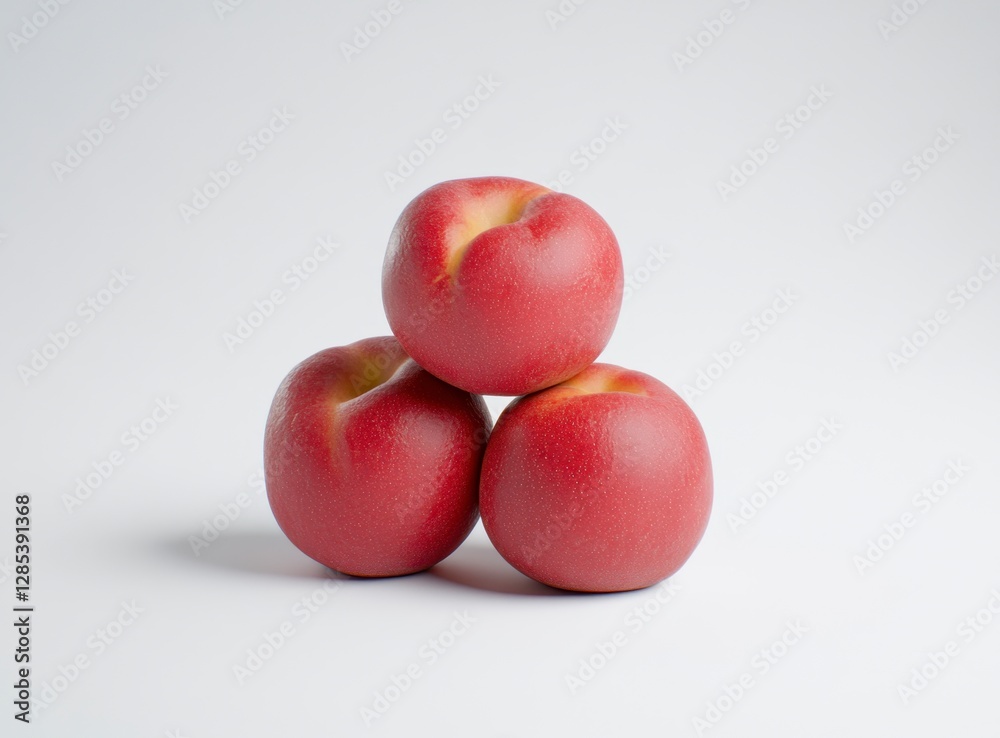 Three ripe red nectarines arranged in a triangular stack against a bright white background. The fruit is subtly speckled and shows a soft sheen Three ripe red nectarines arranged in a triangular stack against a bright white background. The fruit is subtly speckled and shows a soft sheen
