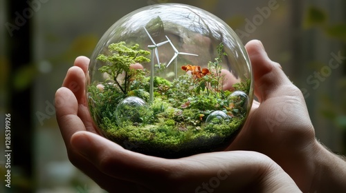 Hands Holding a Miniature Ecosystem in a Glass Sphere with Greenery, Clean Water, and Tiny Wind Turbines, Symbolizing Sustainability photo