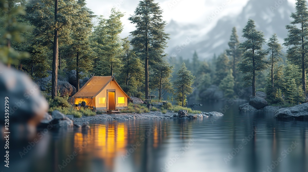 Obraz premium A small, detailed 3D model of a camp, ready for animation and visual storytelling