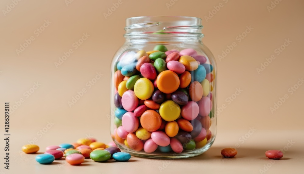 Colorful Candy Jar Filled with Bright Sweet Treats on Neutral Background Colorful Candy Jar Filled with Bright Sweet Treats on Neutral Background