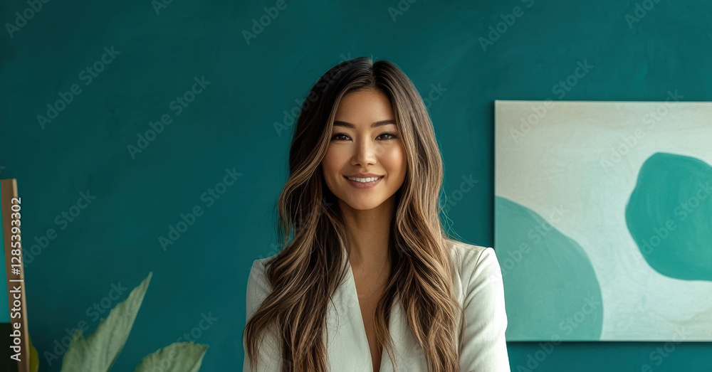 Professional portrait of a confident businesswoman in modern office vibrant color scheme indoor close-up empowerment Professional portrait of a confident businesswoman in modern office vibrant color scheme indoor close-up empowerment