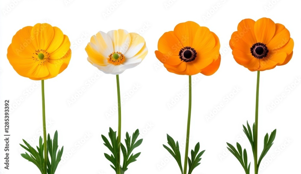 Obraz premium Four flowers with vibrant orange and creamy white petals, green stems, and leaves, set against a bright white background. Detailed close up