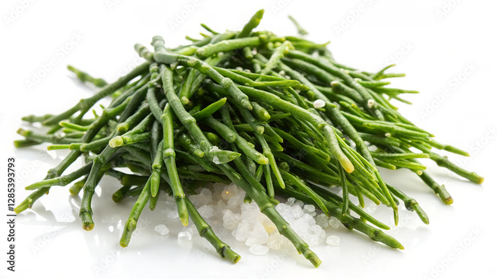 Salty samphire rests on a driftwood plank. Sunlit stems glisten with seawater. Coastal marsh blur. Salty samphire rests on a driftwood plank. Sunlit stems glisten with seawater. Coastal marsh blur.