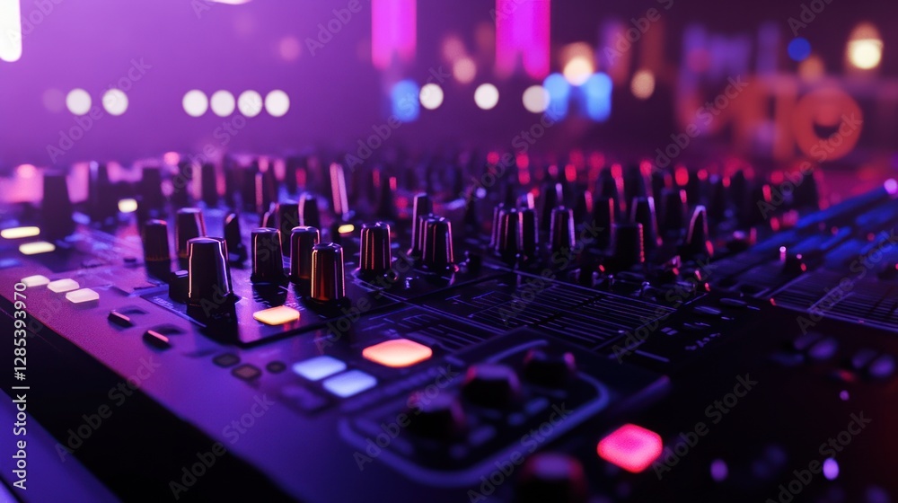 Fototapeta premium Vibrant Nightlife: DJ Mixer Console Under Colorful Stage Lights