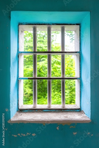 A barred window  set in a light blue wall  offers a view of blurred green trees. The paint on the wall is slightly chipped  and the windowsill shows