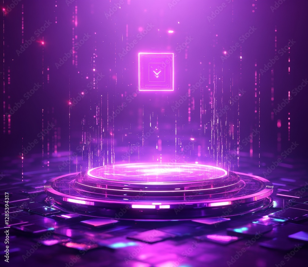 Digital Platform Illuminated With Vibrant Purple Light Amidst a Cosmic Background of Sparkles and Geometric Shapes Digital Platform Illuminated With Vibrant Purple Light Amidst a Cosmic Background of Sparkles and Geometric Shapes