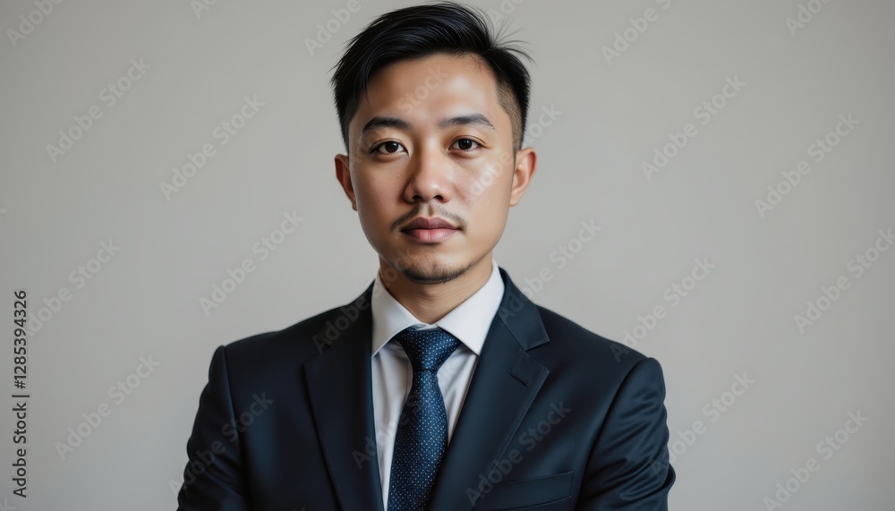 Confident Asian Businessman in Formal Suit Against Neutral Background Confident Asian Businessman in Formal Suit Against Neutral Background