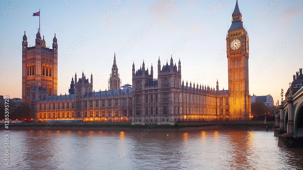 Naklejka premium Historic Houses of Parliament and Big Ben Reflecting on Thames River in Warm Evening Light : Generative AI