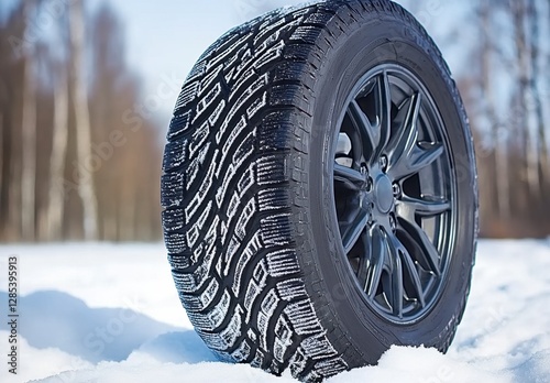 Close up view of a black winter tire with intricate tread pattern, resting on snowy ground. The tire is mounted on a black rim against a blurred