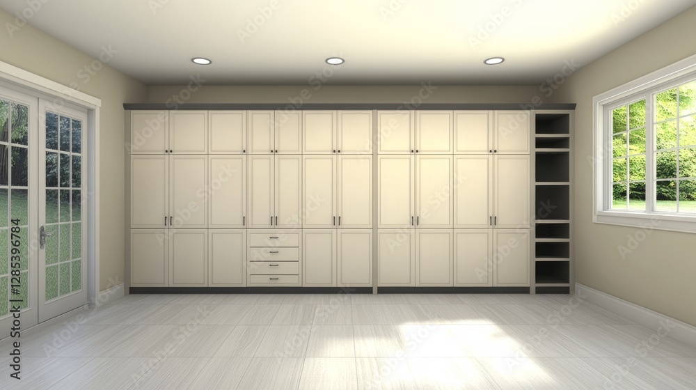 Obraz premium Modern Minimalist Interior Features Built-In Cabinets and a Wooden Shelf in a Spacious, Well-Lit Room Designed for Organization and Functionality in a Home Setting