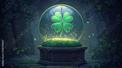 A magical clover inside a snow globe surrounded by shimmering lights and nature.