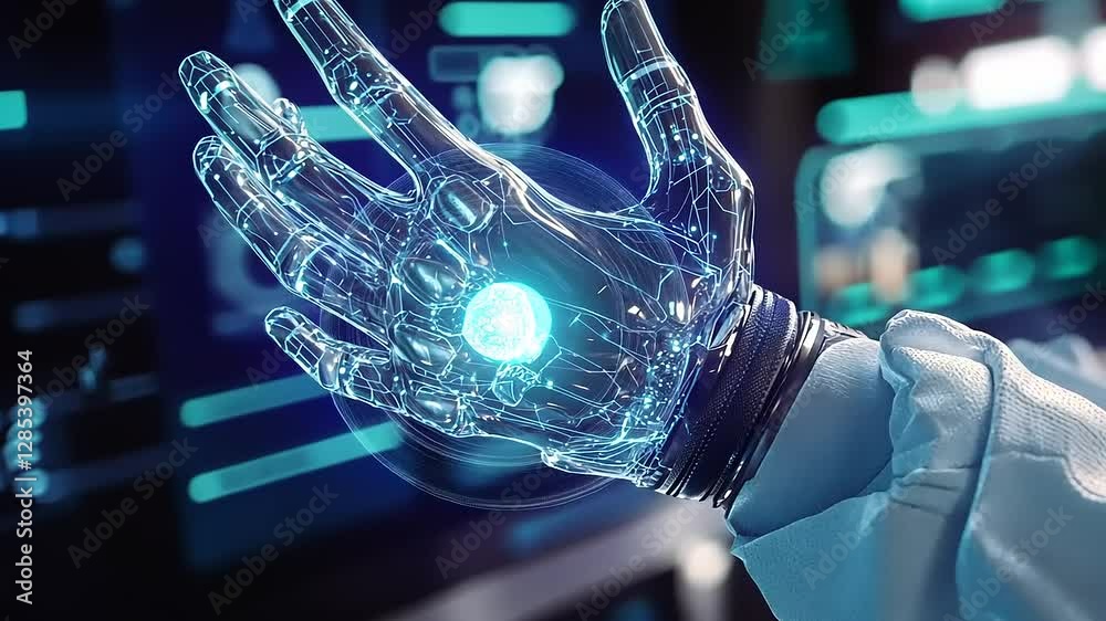Futuristic robotic hand interacting with a digital interface in a high-tech laboratory setting Futuristic robotic hand interacting with a digital interface in a high-tech laboratory setting