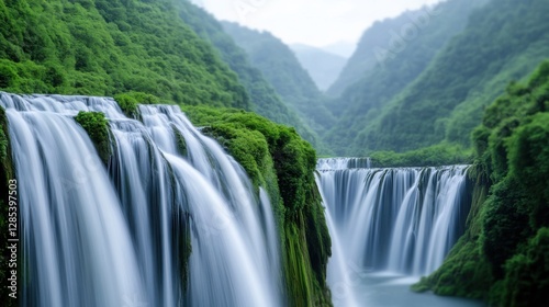  large, spectacular waterfall in the foreground, with additional smaller waterfalls in the background