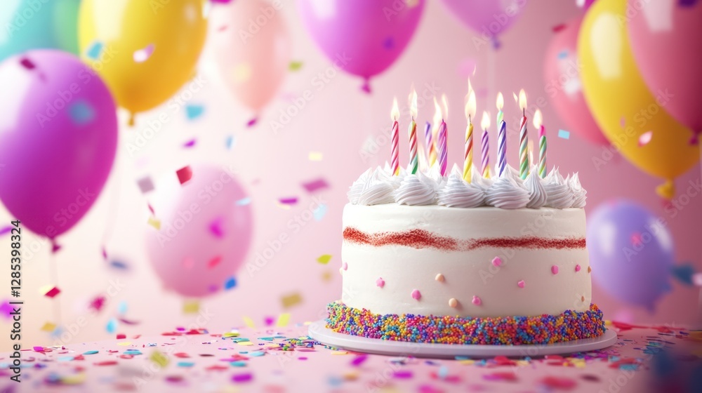 Vibrant Birthday Celebration Cake Surrounded by Colorful Balloons and Confetti Vibrant Birthday Celebration Cake Surrounded by Colorful Balloons and Confetti